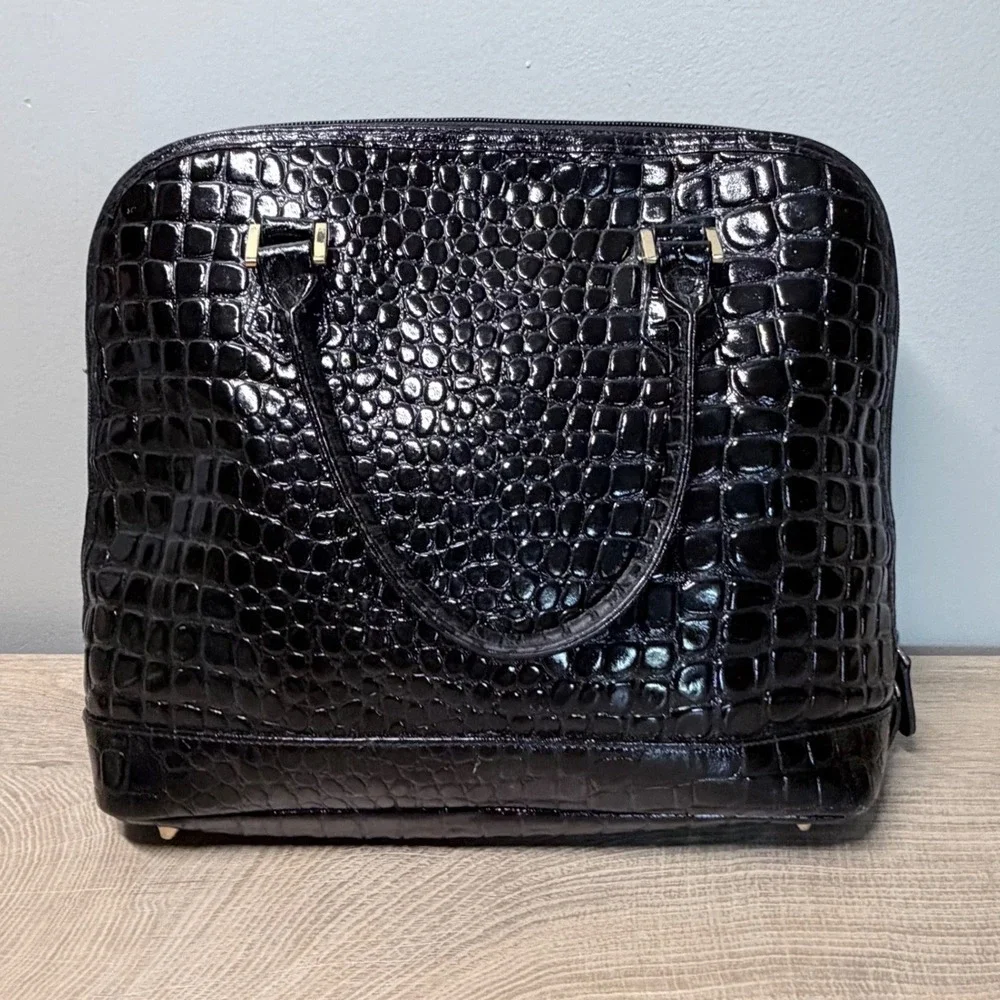 Vintage Lord & Taylor Black Genuine Leather Croc Embossed Dome Satchel Handbag